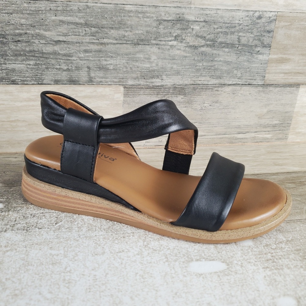 Comfortiva Marcy Womens Wedge Sandals Sz 6 Black Leather Slingback Open Toe